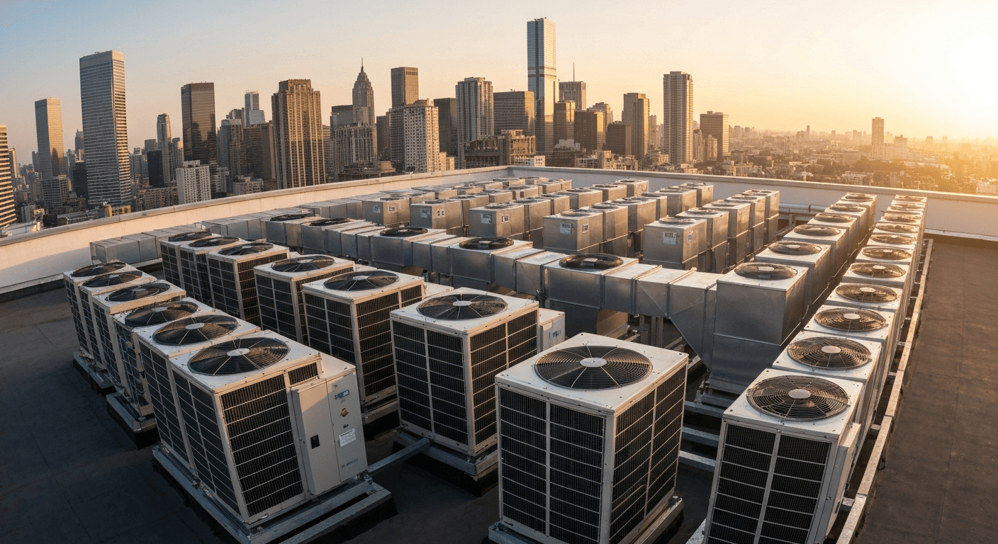 Air conditioning units being serviced on building rooftop