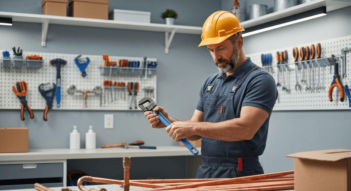 Professional plumber repairing pipes under kitchen sink