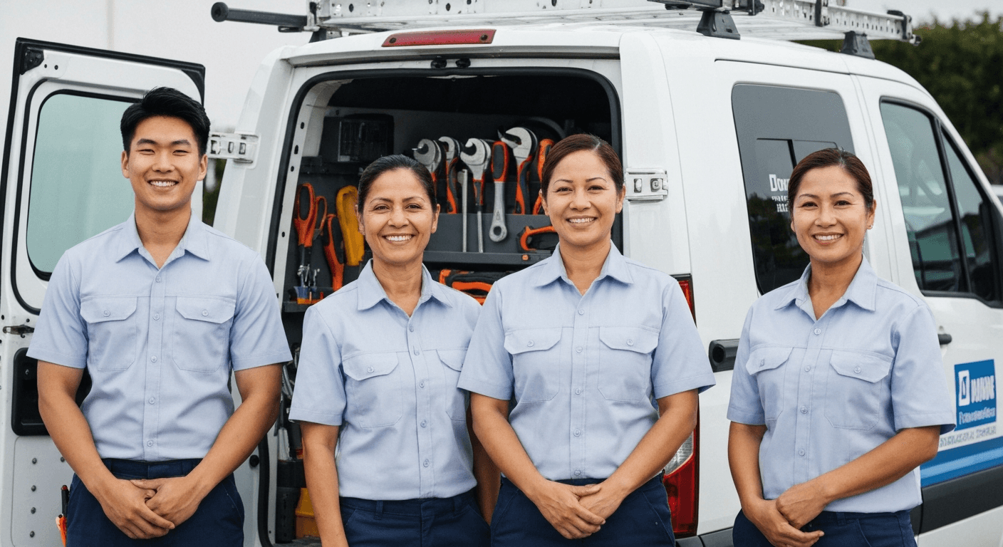 Team of HVAC and plumbing professionals at work