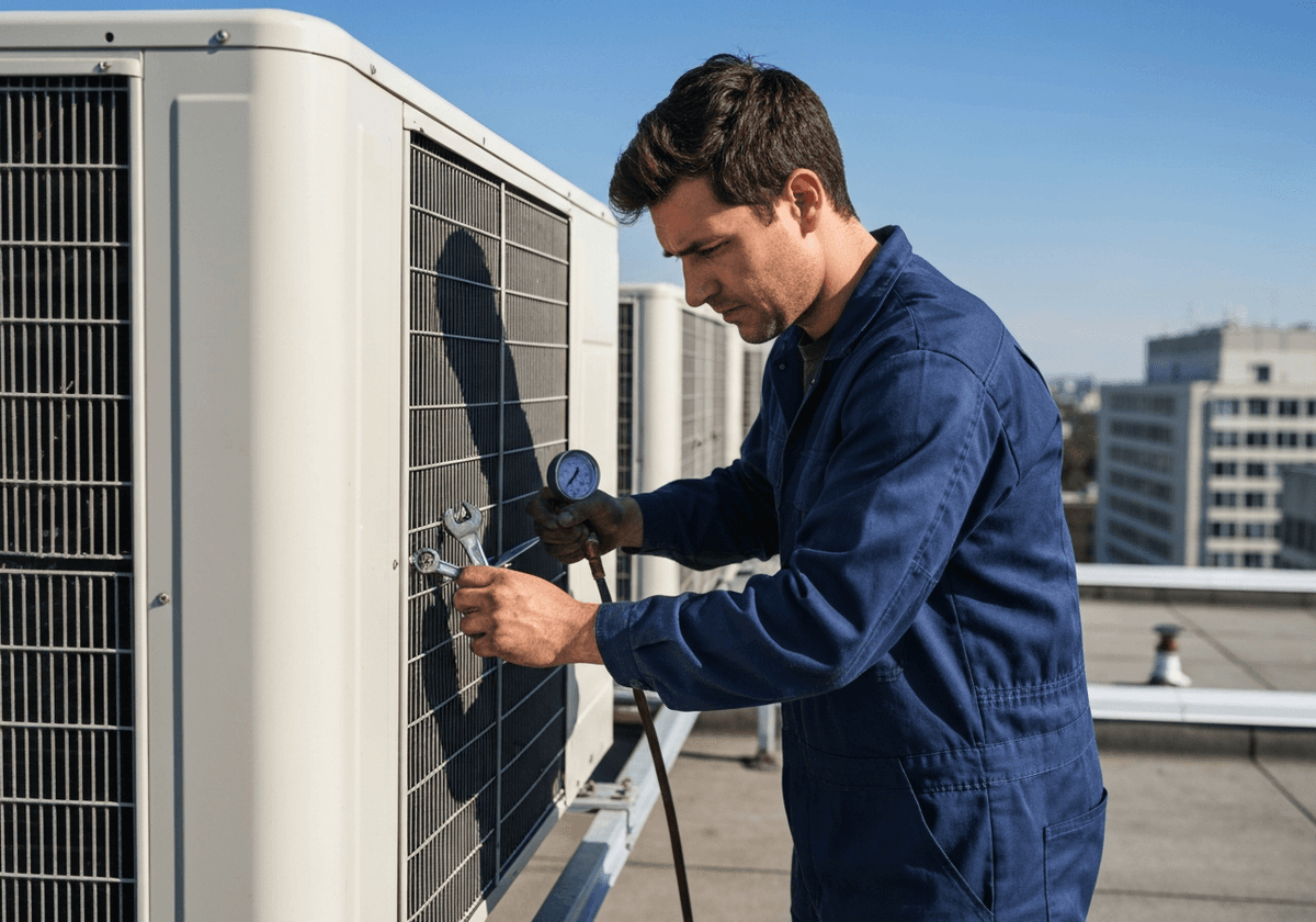 HVAC technician servicing rooftop air conditioning unit